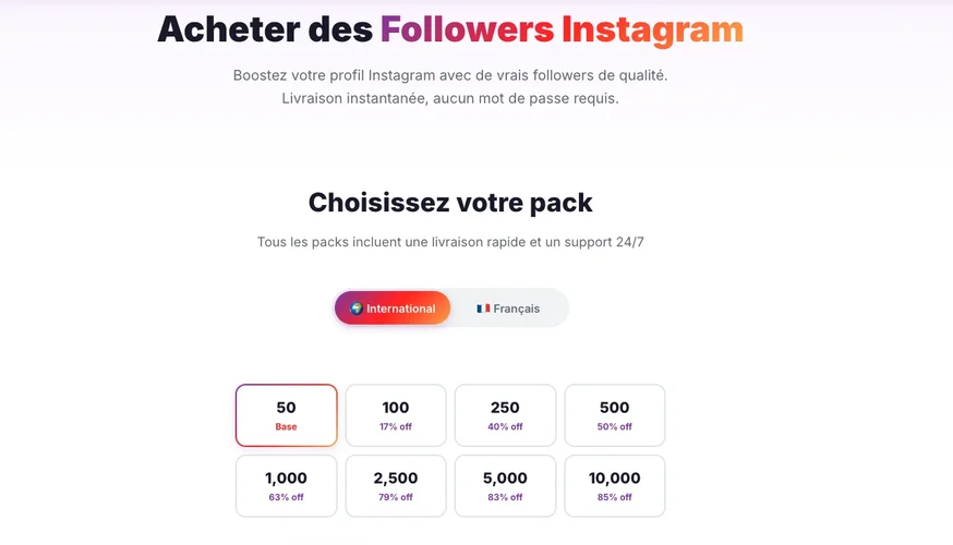 Sélection du pack pour acheter followers Instagram