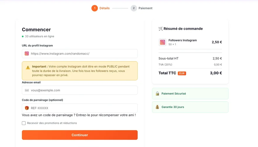 Finalisation commande acheter followers Instagram